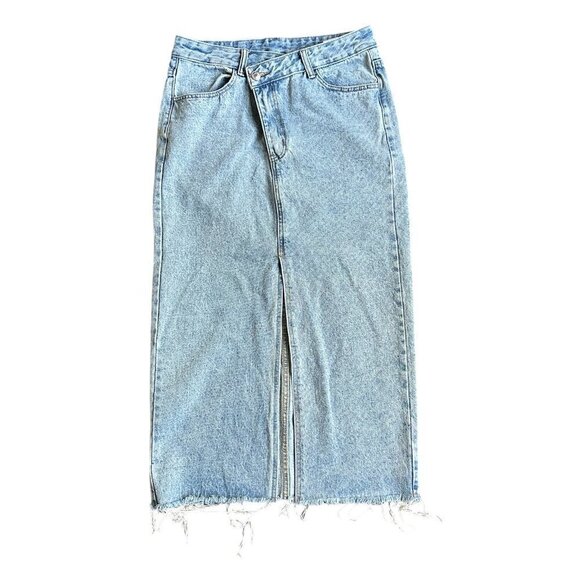 SHEIN Asymetrical Zipper Light Wash Distressed Maxi Denim Skirt US M - Picture 3 of 6